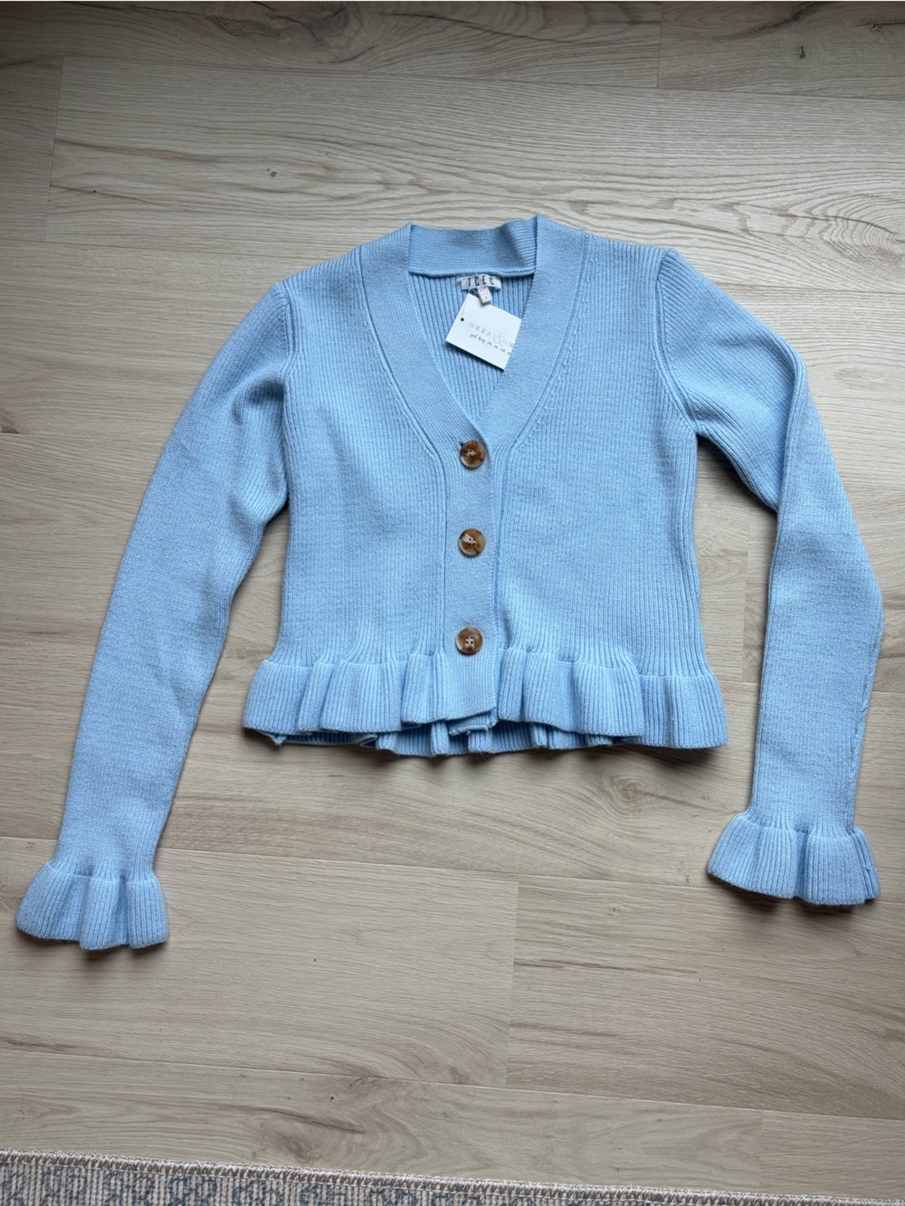 TCEC Light Blue Ruffled Hem Cardigan with Button Front